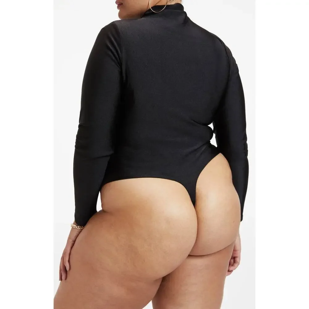 Good American Good Touch Disco Ruched Mock Neck Thong Bodysuit Black Size XXL